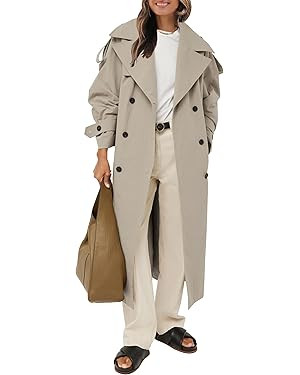 Farktop Womens Oversized Long Trench Coat Double Breasted Lapel Windproof Overcoat with Belt | Amazon (US)