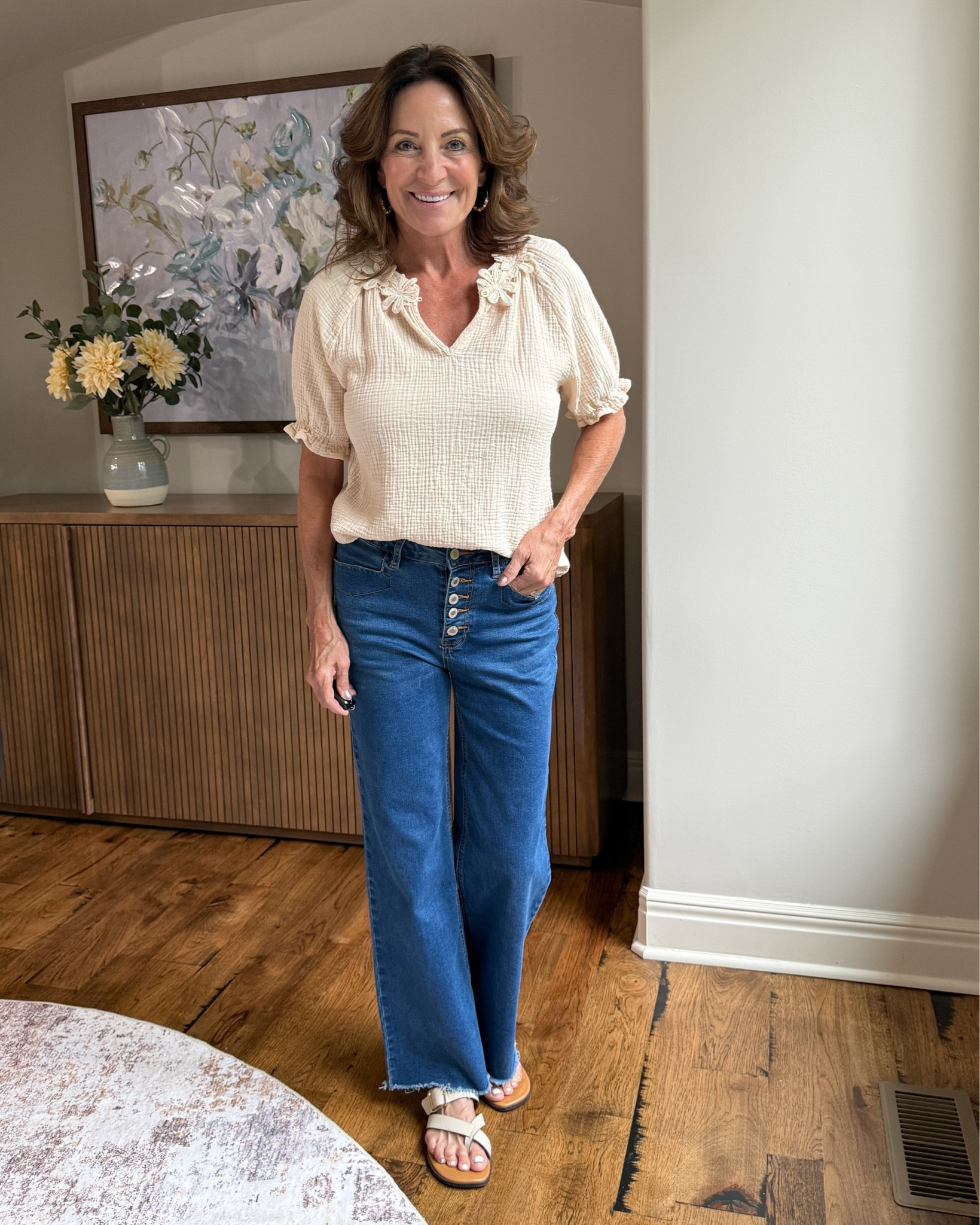 Cream textured blouse with cropped wide leg jeans

This is the kind of outfit I wear on repeat—an easy neutral blouse paired with flattering denim for a look that’s comfortable, polished, and works for almost any casual day.

#neutralstyle #widelegjeans #over50fashion #everydayoutfit