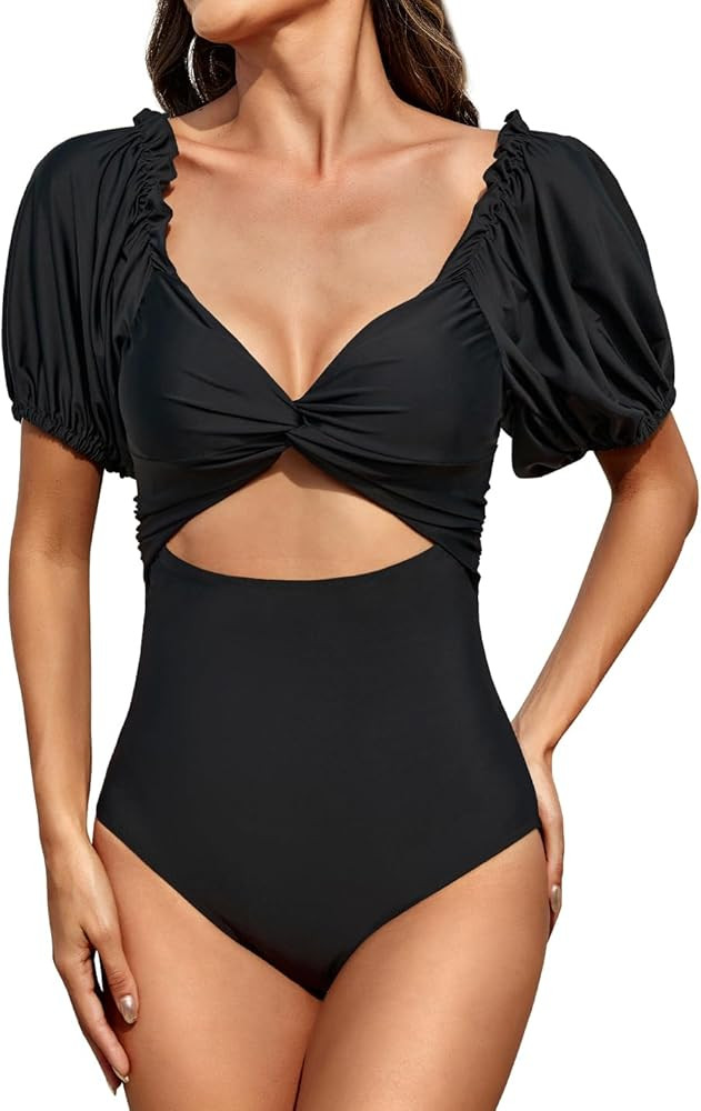 Upopby Women's Cutout One Piece Swimsuit Tummy Control Swimwear Retro Puff Sleeve High Waisted Ba... | Amazon (US)