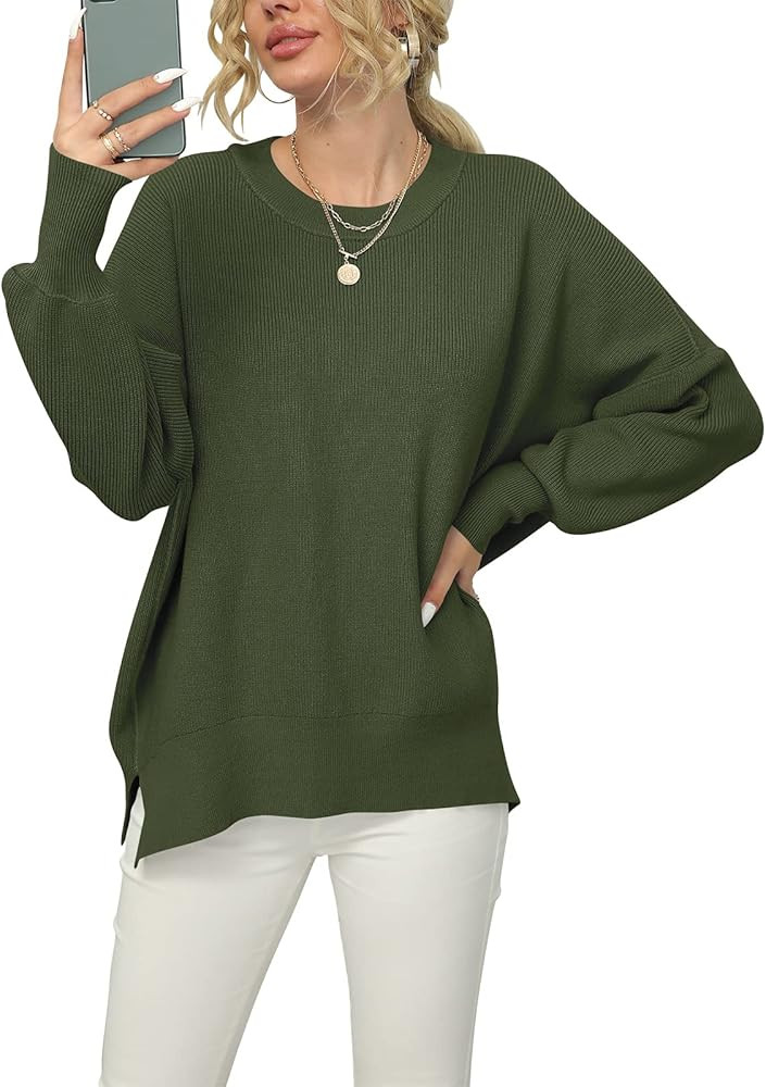 LOGENE Women's Oversized Batwing Long Sleeve Crewneck Side Slit Ribbed Knit Pullover Sweater Tops | Amazon (US)