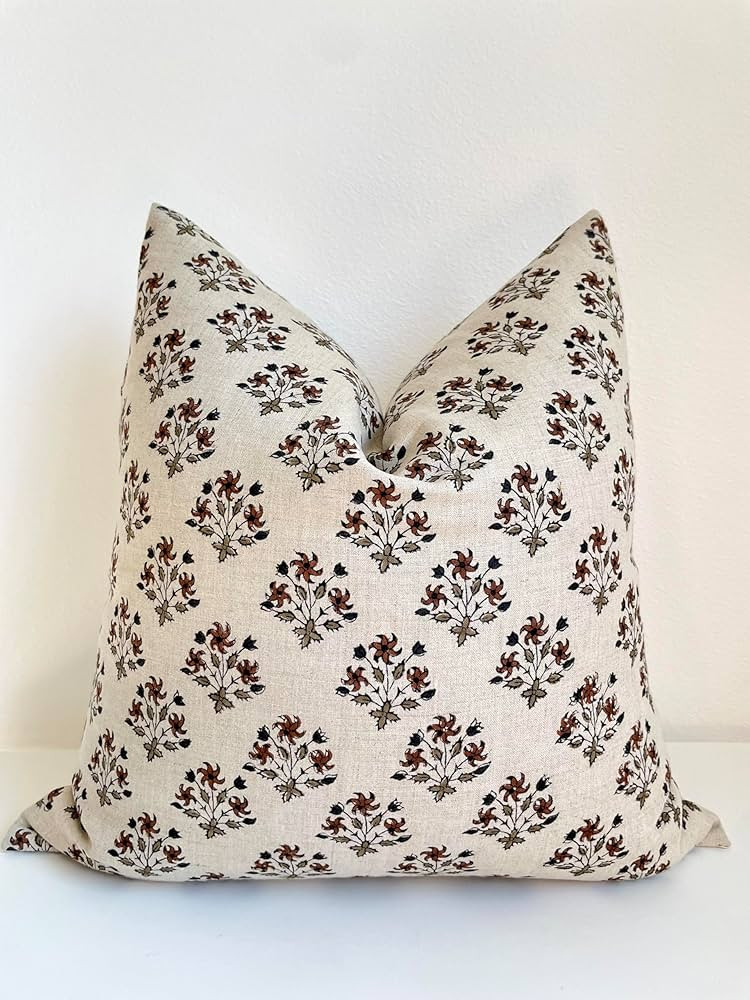 Hand Block Print Pure Linen Throw Pillow Cover: Handmade Vintage Cushion Cover (Amber) (20x20) | Amazon (US)