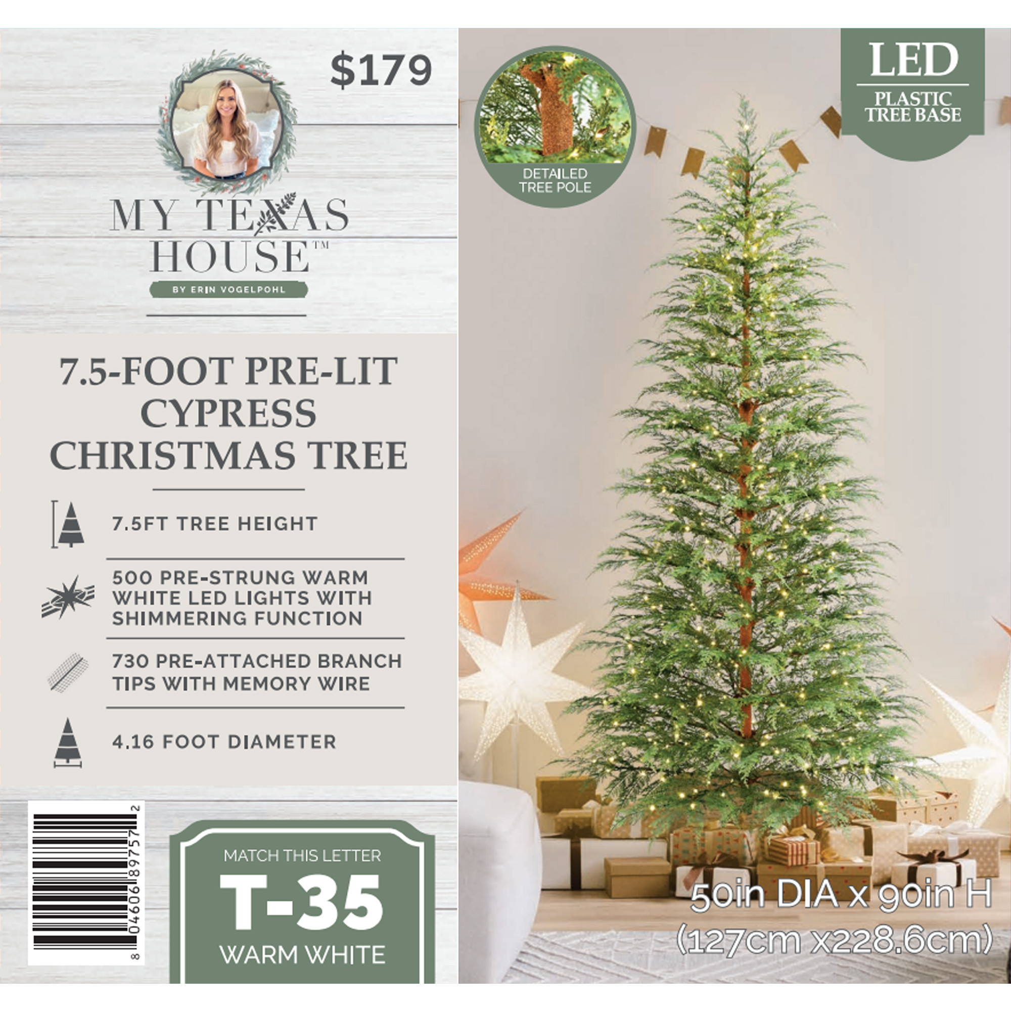 My Texas House 7.5ft Pre-lit Twinkle LED Cypress Artificial Christmas Tree, 500 LED, Green | Walmart (US)