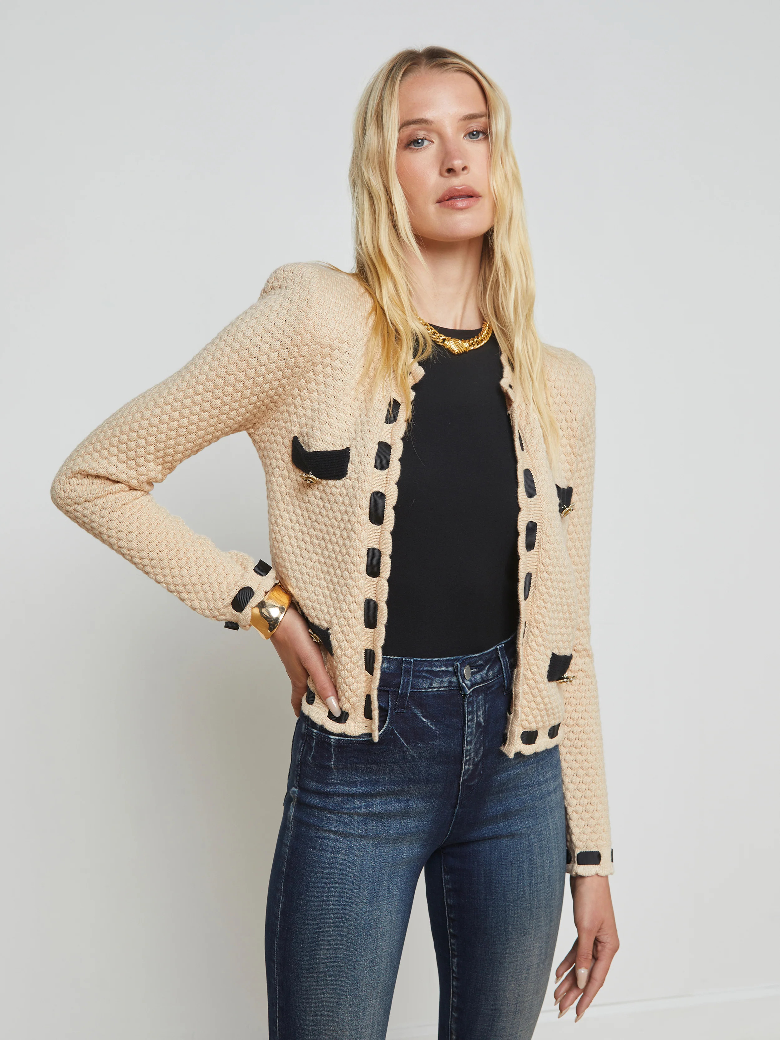 L'AGENCE - Astor Cardigan in Biscuit/Black | L'Agence