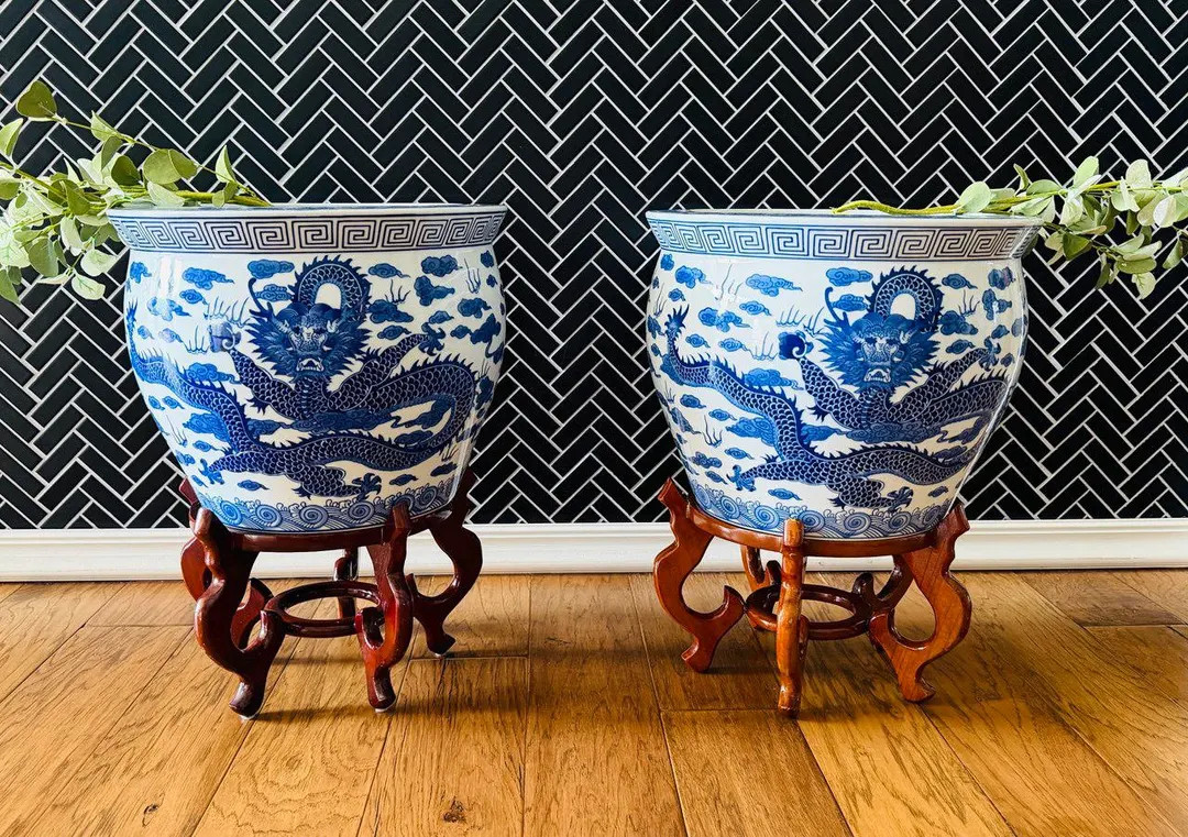 Vintage Bombay Large Blue White Dragon Asian Planter Pots } Porcelain Fishbowl Chinese Round Pot ... | Etsy (US)