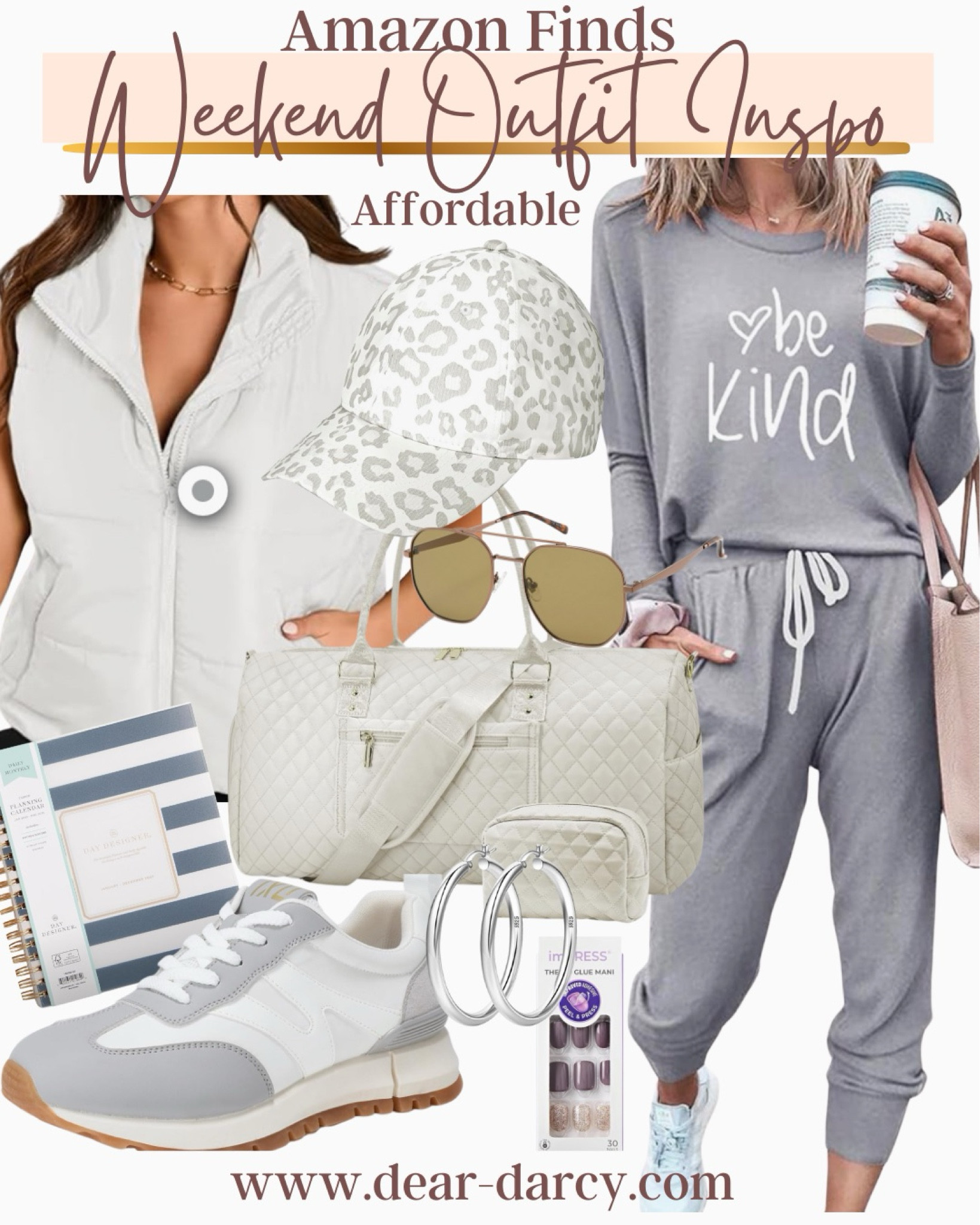 Weekend outfit inspo
Amazon finds

Be kind lounge set affordable comfortable and fits tts

White puff vest

White travel or gym bag 

White and grey tennis shoes $55

Sunglasses 

Daily planner 

Leopard ball cap 
Silver hoops 
Press on nails


#LTKOver40 #LTKTravel #LTKStyleTip