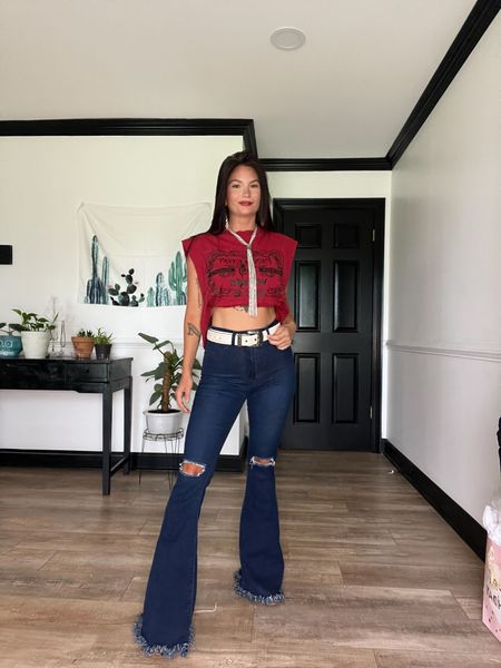 Red wrangler tee paired with dark wash flares! Super stretchy jeans! I cut the sleeves off the tee myself
LORI20 to save 

#LTKStyleTip #LTKSeasonal #LTKFestival