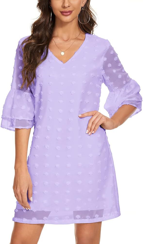 BELONGSCI Women's Dress Sweet & Cute V-Neck Ruffle Bell Sleeve Swiss Dot Shift Dress Mini Dress | Amazon (US)