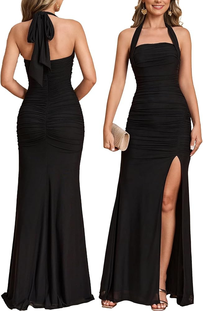Women Bodycon Maxi Dress High Slit Halter Tie Ruched Long Formal Cocktail Wedding Guest Dresses | Amazon (US)