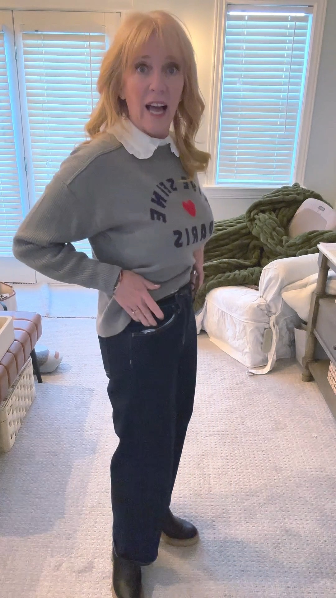 Fun winter sweater and wide leg highrise jeans. With a little trick for the white shirt 

#LTKPetite #LTKgrwm #LTKOver40