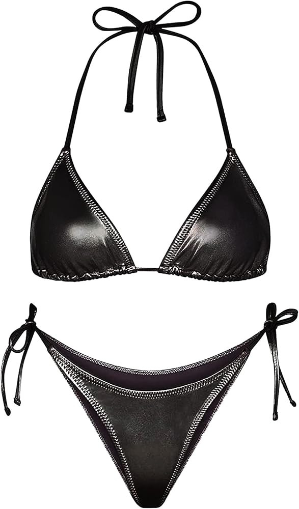 Metallic Bikini for Women - Retro Shiny Silver Gold Swimsuits Bathing Suit Triangle Tops Side Tie... | Amazon (US)
