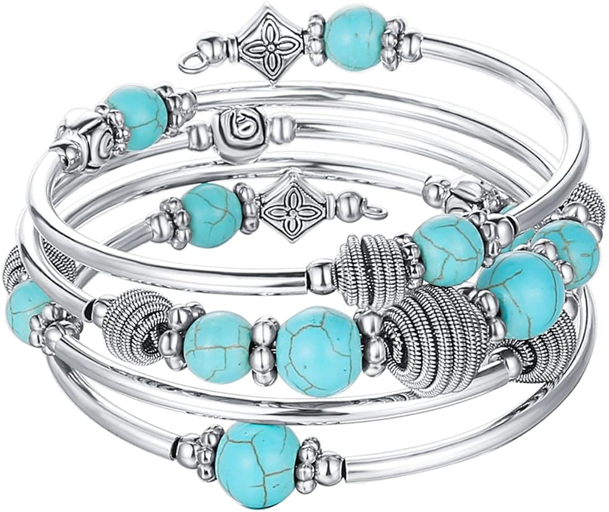 PEARL&CLUB Beaded Chakra Bangle Turquoise Bracelet - Fashion Jewelry Wrap Bracelet with Thick Sil... | Amazon (US)