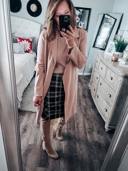 Stop 🛑 isn’t this mauve faux suede coat the cutest??!! Styled it with a mock neck also in mauve and a pull on plaid knit skirt that has a touch of the mauve in it. Love this cute outfit!! 

Skirts, holiday outfit, church outfit, lightweight coat, sweater, layering pieces, workwear, work wear, business casual, casual workwear, sale, holiday, gifts for her, gift guide, gift ideas, tall boots 

#LTKworkwear #LTKsalealert #LTKunder50