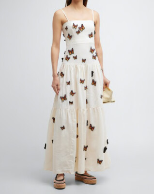Agua Bendita Lima Monarca Butterfly Embroidered Applique Maxi Dress Linen S | eBay US