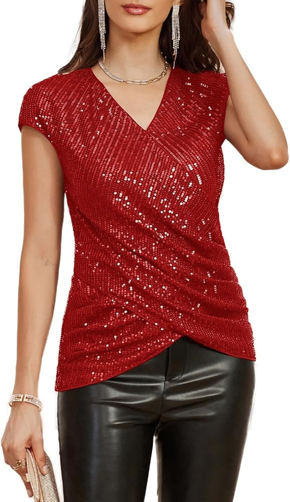 GRACE KARIN Womens Sparkle Sequin Top Shimmer Glitter Blouse Twist Front V Neck Cap Sleeve Club Part | Amazon (US)