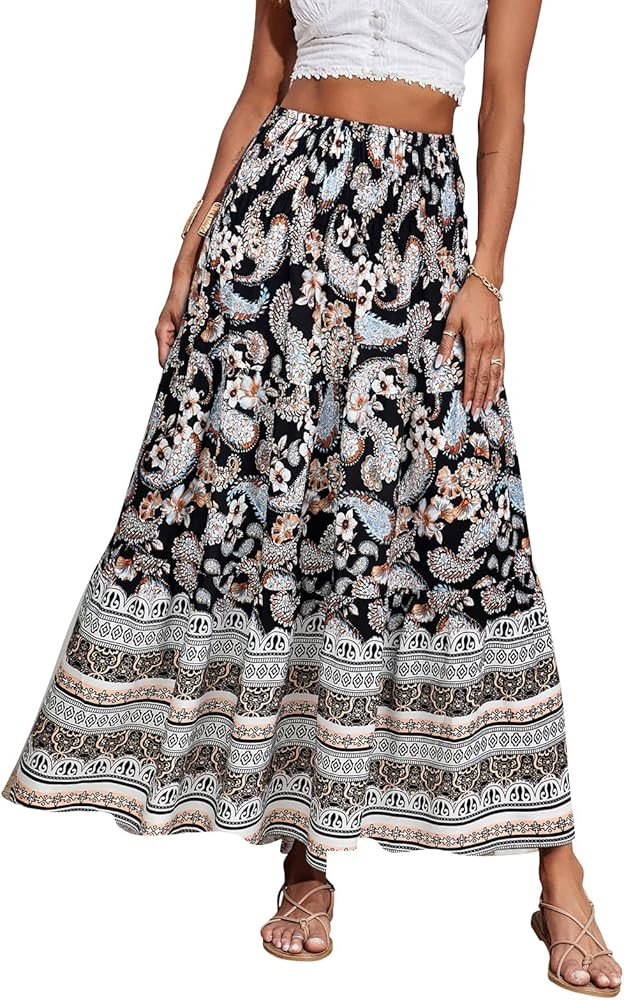 CFLONGE Women's 2024 Bohemian Long Skirts Flowy High Waist A Line Maxi Skirts for Women Summer Pl... | Amazon (US)