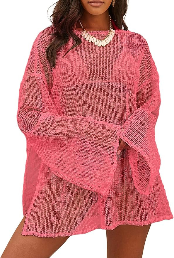 Lilosy Sexy Crochet Sheer Kaftan Caftan Beach Dress Bathing Suit Swim Coverup One Piece | Amazon (US)