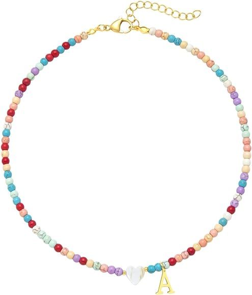 Gold Colorful Initial Beaded Necklace for Women Handmade Girls Colorful Beaded Initial Stainless ... | Amazon (US)