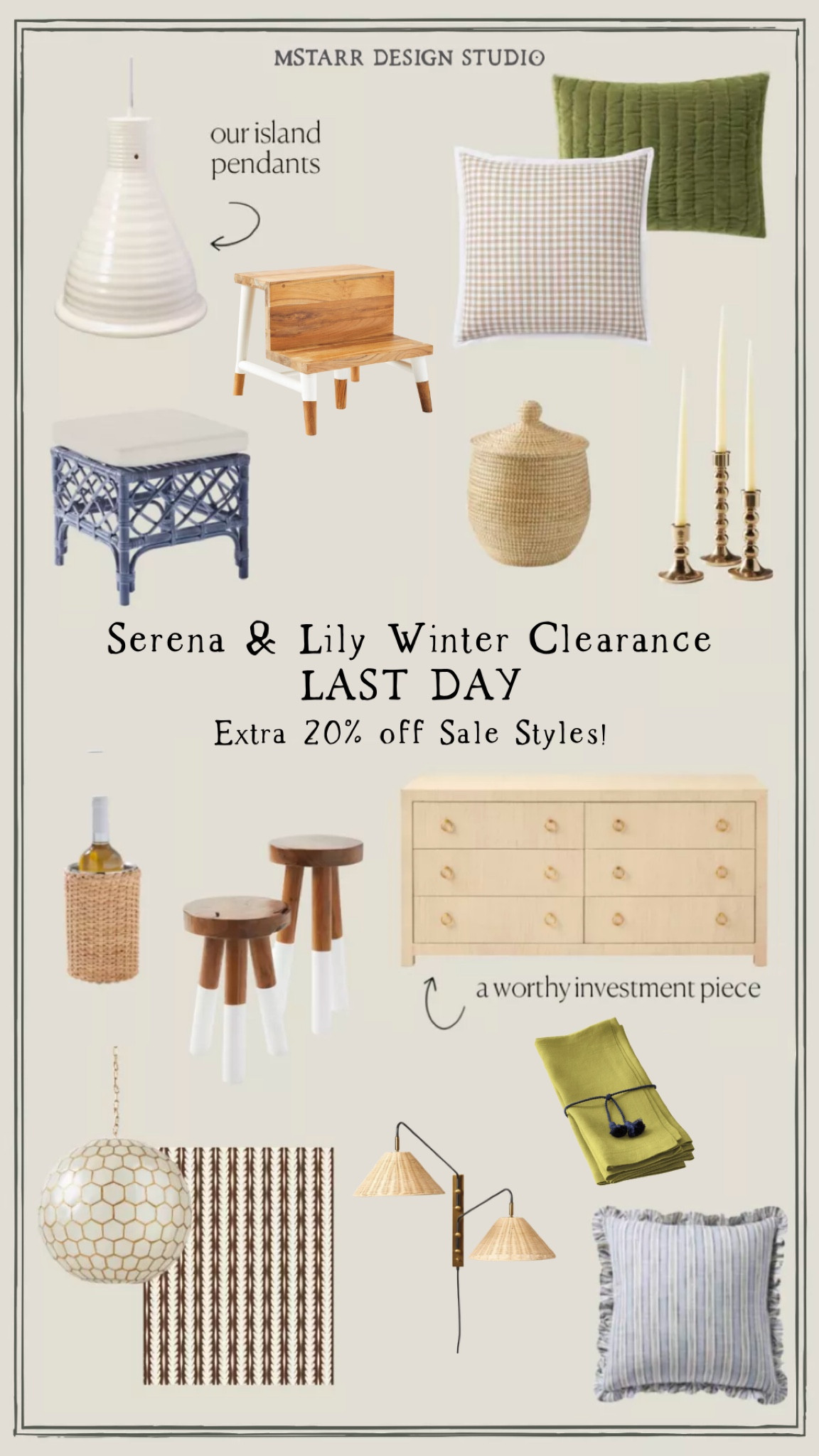 FINAL DAY! Serena & Lily Winter Clearance…extra 20% off sale! 

Furniture, stools, baskets, hamper, home decor, candlesticks, ottoman, entertaining, tabletop, ceramic, pendant, sconce, coastal decor, woven decor  

#LTKsalealert #LTKunder100 #LTKhome