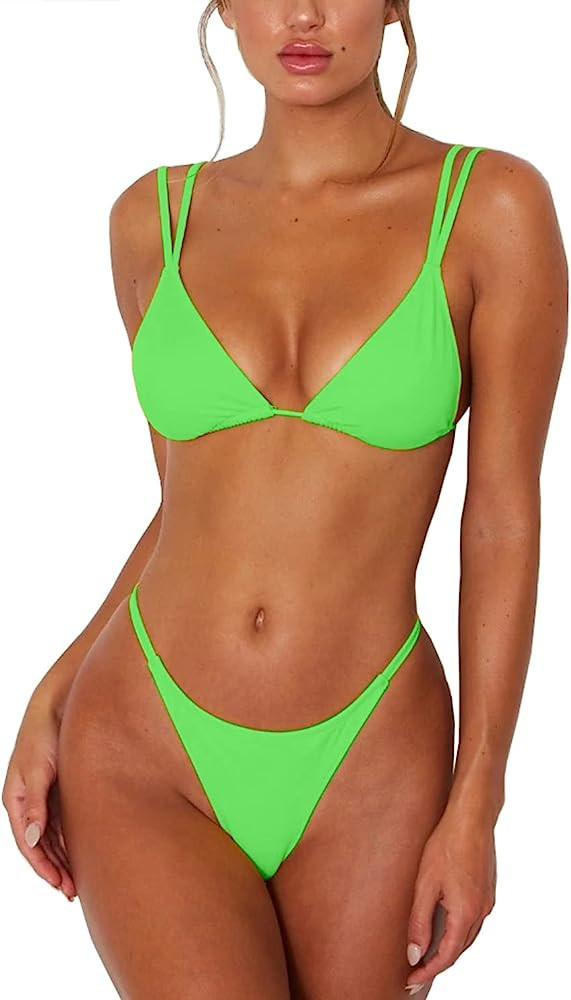 ForBeautyShe Women's Sexy Thong Bottom Two Piece Bikini Double Shoulder Straps Cute Swimsuit Tria... | Amazon (US)