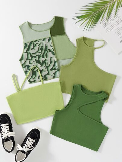 3pcs Ribbed Knit Tank Top & 1pc Cami Top | SHEIN