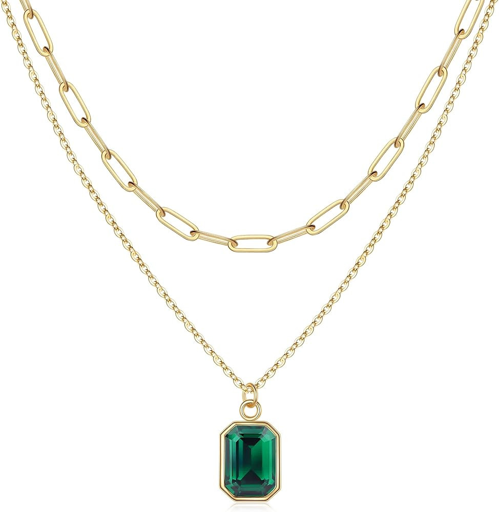 Layered Birthstone Necklace for Women Girls, Gold Silver Rose Gold Plated Layered Paperclip Chain... | Amazon (US)