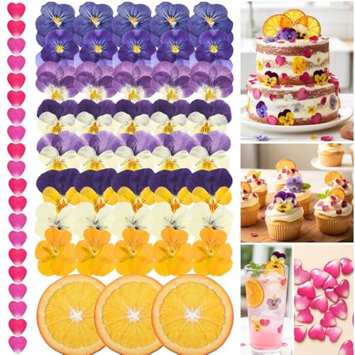63 Pcs Edible Flowers Cake Decorations – Dried Edible Flowers for Cocktails, Drinks, Cupcake Topper & Cake Decorating, Food Grade Pressed Flowers Mix with Pansy, Heart Rose Petals & Orange | Amazon (US)