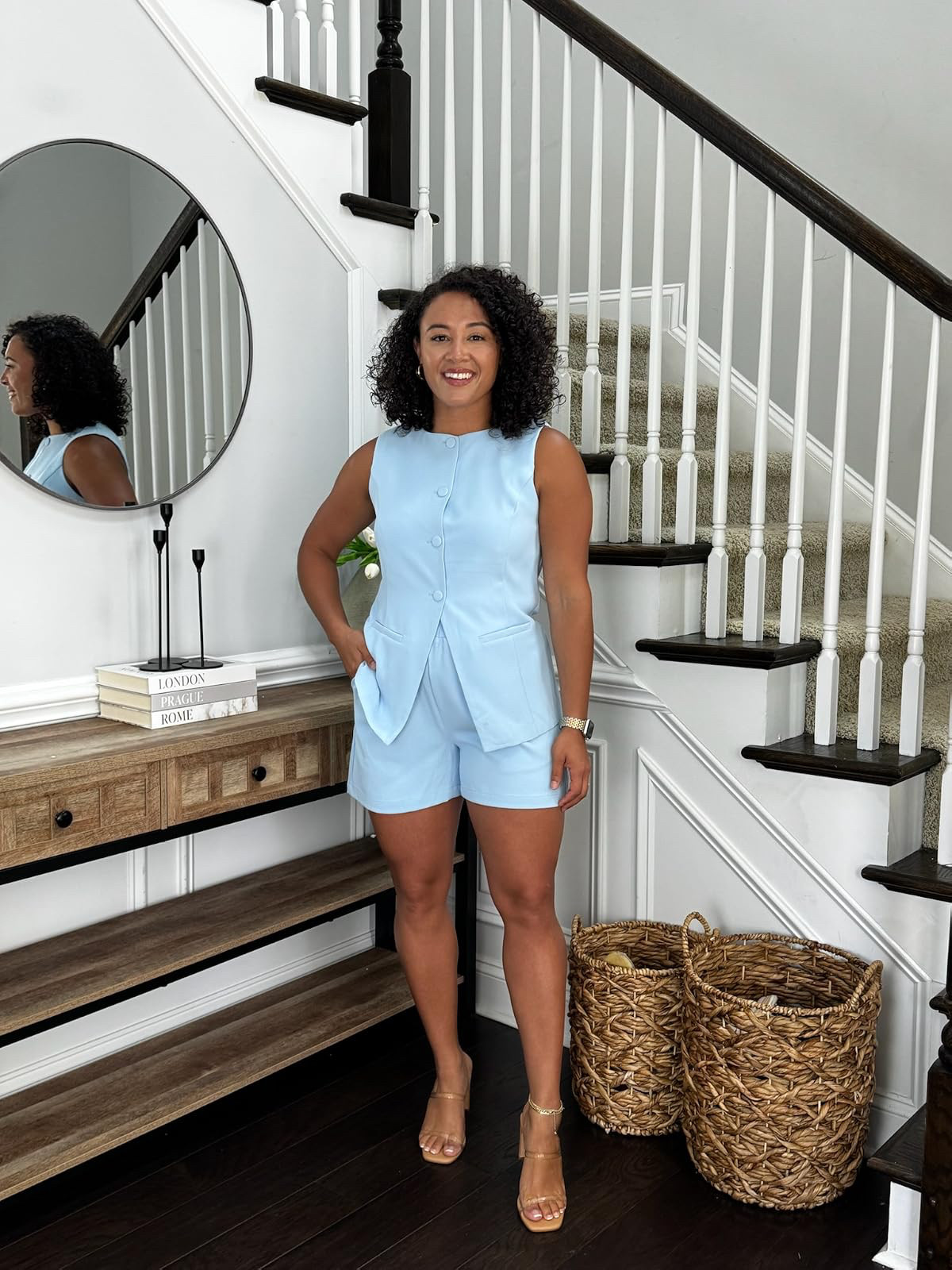 The baby blue color keeps it feeling light and fresh for the season, while the structured silhouette elevates it instantly. Styled it with neutral double-strap heeled sandals and simple gold jewelry for a polished look that's perfect for a summer brunch, a city day trip, or a casual dinner night out 

 #LTKgrwm #LTKootd #LTKSeasonal