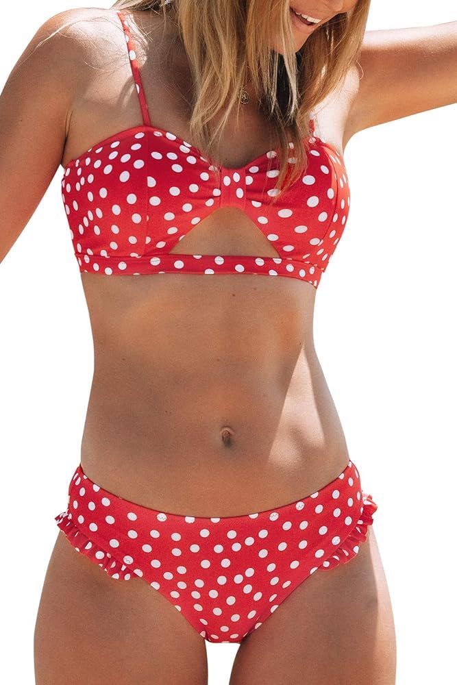 Women's Red Polka Dot Cutout Ruffles Back Hook Closure Bikini Sets | Amazon (US)