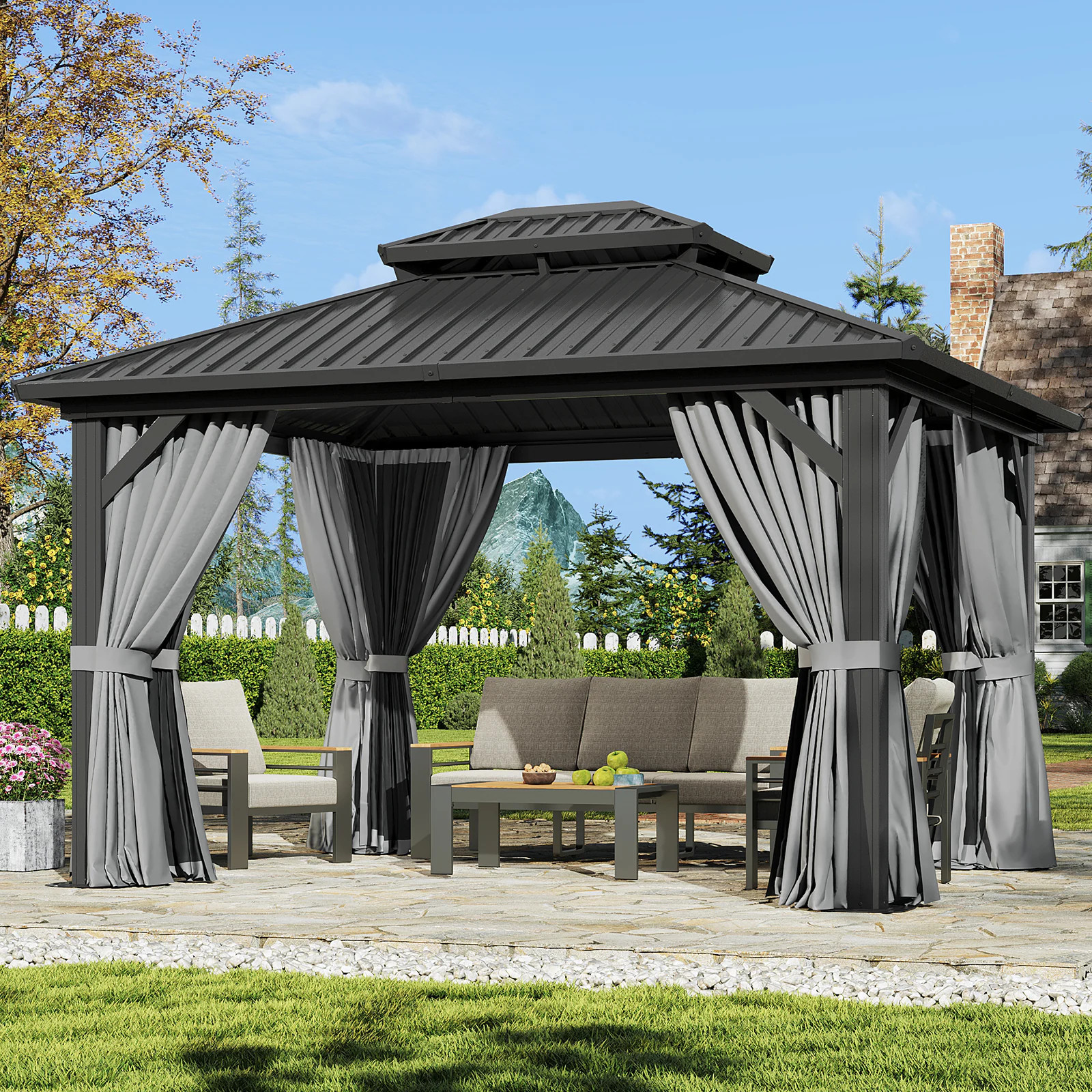 AOXUN 12-ft x 10-ft Outdoor Gazebos Black Grill Gazebo with Hardtop Roof (Screen Included) Polyester | AX-401B14 | Lowe's