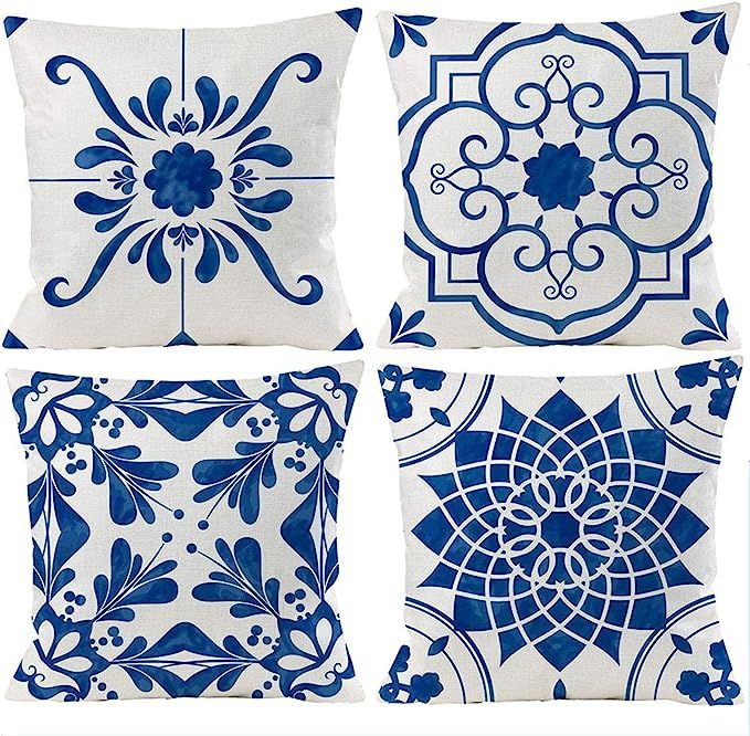 GUHOO Geometric Blue Flower Decorative Throw Pillow Covers 18 x 18 Inch, Set of 4 Abstract Blue F... | Amazon (US)