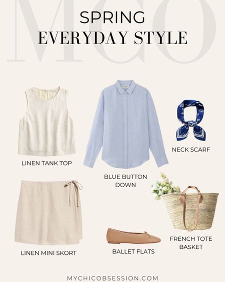 Linen is the perfect material for your spring outfit. Pair a linen tank with a linen mini skort. Add an open blue button down as your next layer. Finish the look with a neck scarf, a woven basket tote, and neutral ballet flats. 

#LTKstyletip #LTKSeasonal