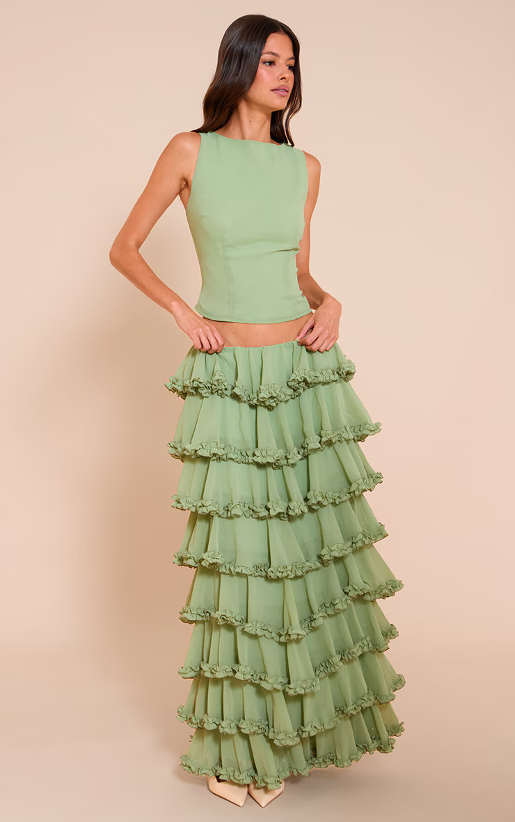 Sage Chiffon Tiered Frill Maxi Skirt | Pretty Little Thing (Australia & New Zealand)
