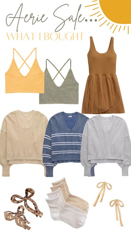 Aerie summer sale so many cute new arrivals that are marked down! Love the bow claw clip and bow earrings. The lightweight slouchy sweater I had to get in a few colors and these bra tops have the prettiest back  

#LTKstyletip #LTKfindsunder50 #LTKfitness