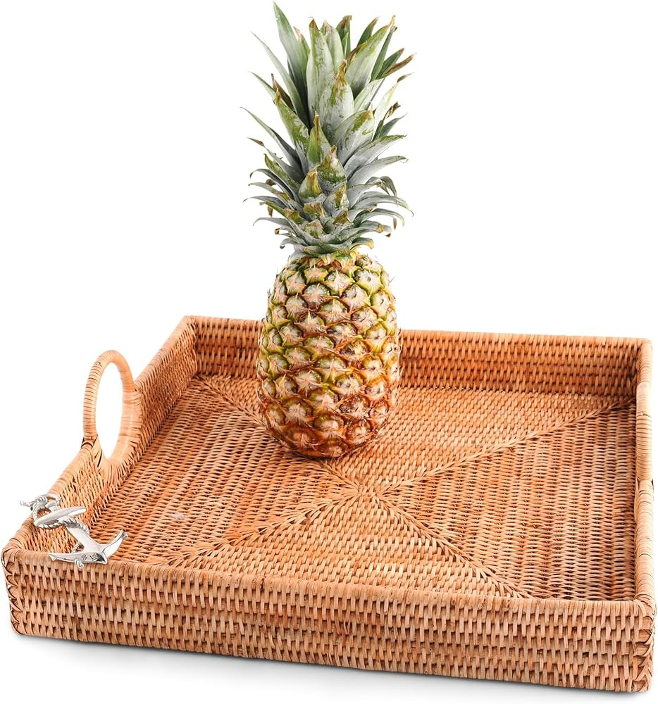 Vagabond House Large Rattan Tray - Wicker Serving Tray with Pewter Anchor Detail, Woven Tray with... | Amazon (US)