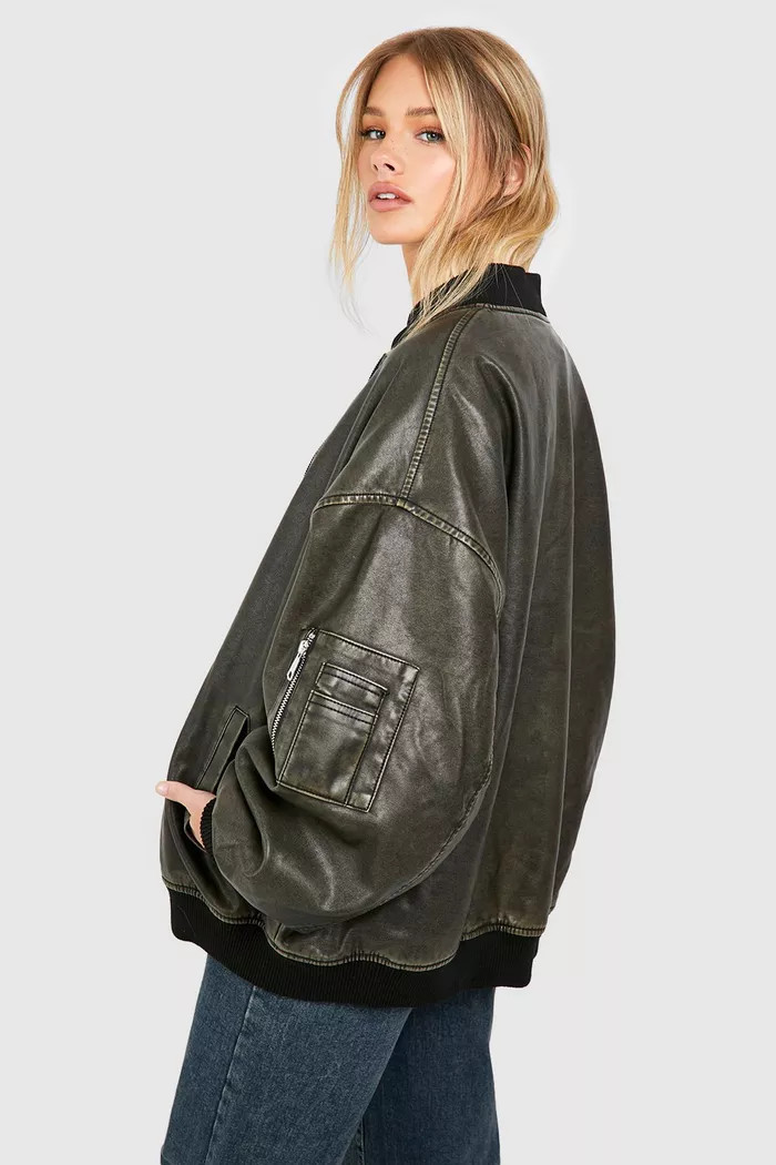 Vintage Look Oversized Faux Leather Bomber Jacket | Boohoo.com (UK & IE)