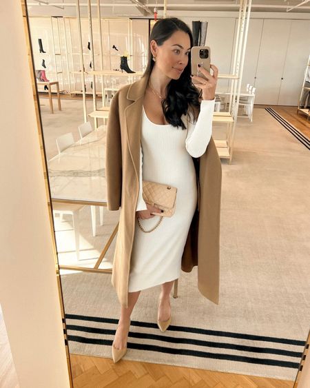 Kat Jamieson of With Love From Kat wears a knit midi dress and camel coat to an event in NYC. Holiday style, nude pumps, classic style.

#LTKSeasonal #LTKshoecrush #LTKstyletip