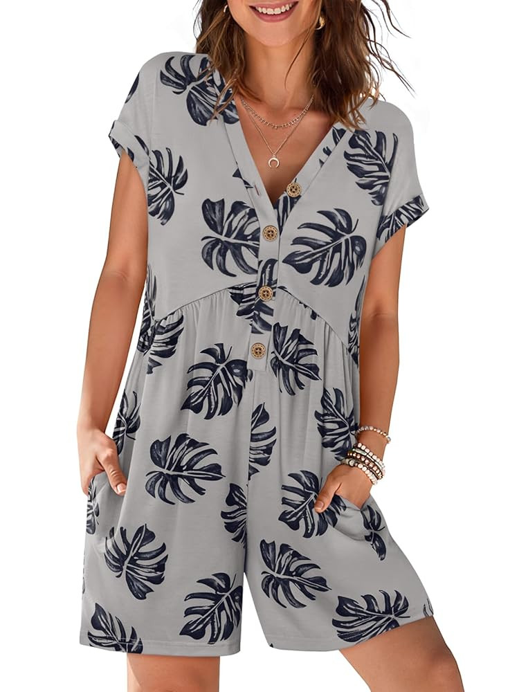 MEROKEETY Women's Summer Cap Sleeve Jumpsuits 2025 Casual V Neck Button Short Romper with Pockets | Amazon (US)
