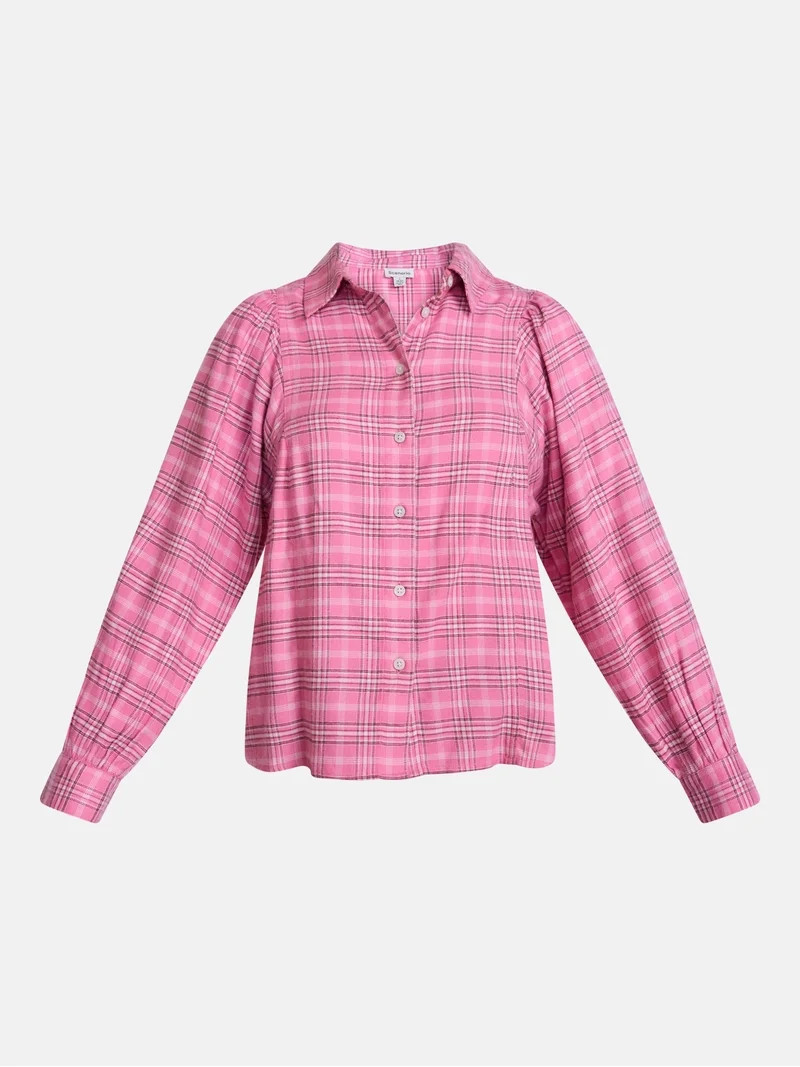 Scenario Women's Plaid Shirt with Long Puff Sleeves, Sizes XS-XXXL | Walmart (US)