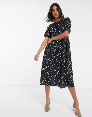 ASOS DESIGN gathered neck midi smock dress in polka dot | ASOS US