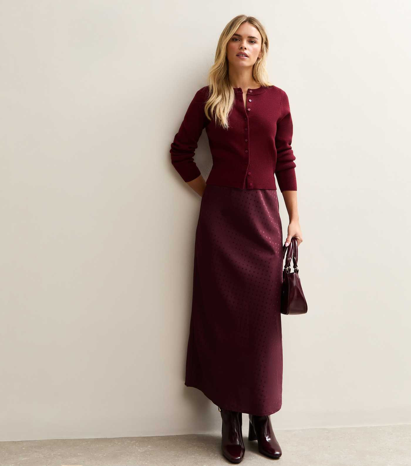 Petite Dark Burgundy Polka Dot Satin Bias Cut Midi Skirt | New Look | New Look (UK)