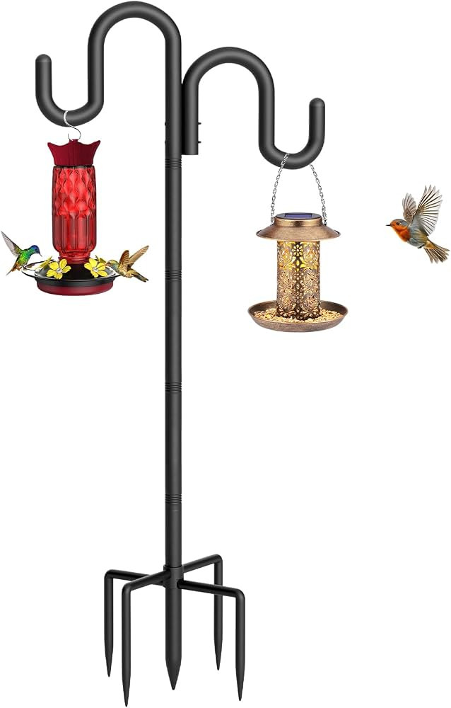 Double Shepherd Hook for Outdoor, 76" Heavy Duty Bird Feeder Pole with 5-Prong Base, Adjustable T... | Amazon (US)