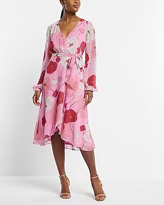 Floral Print Long Sleeve Tie Waist Midi Dress | Express