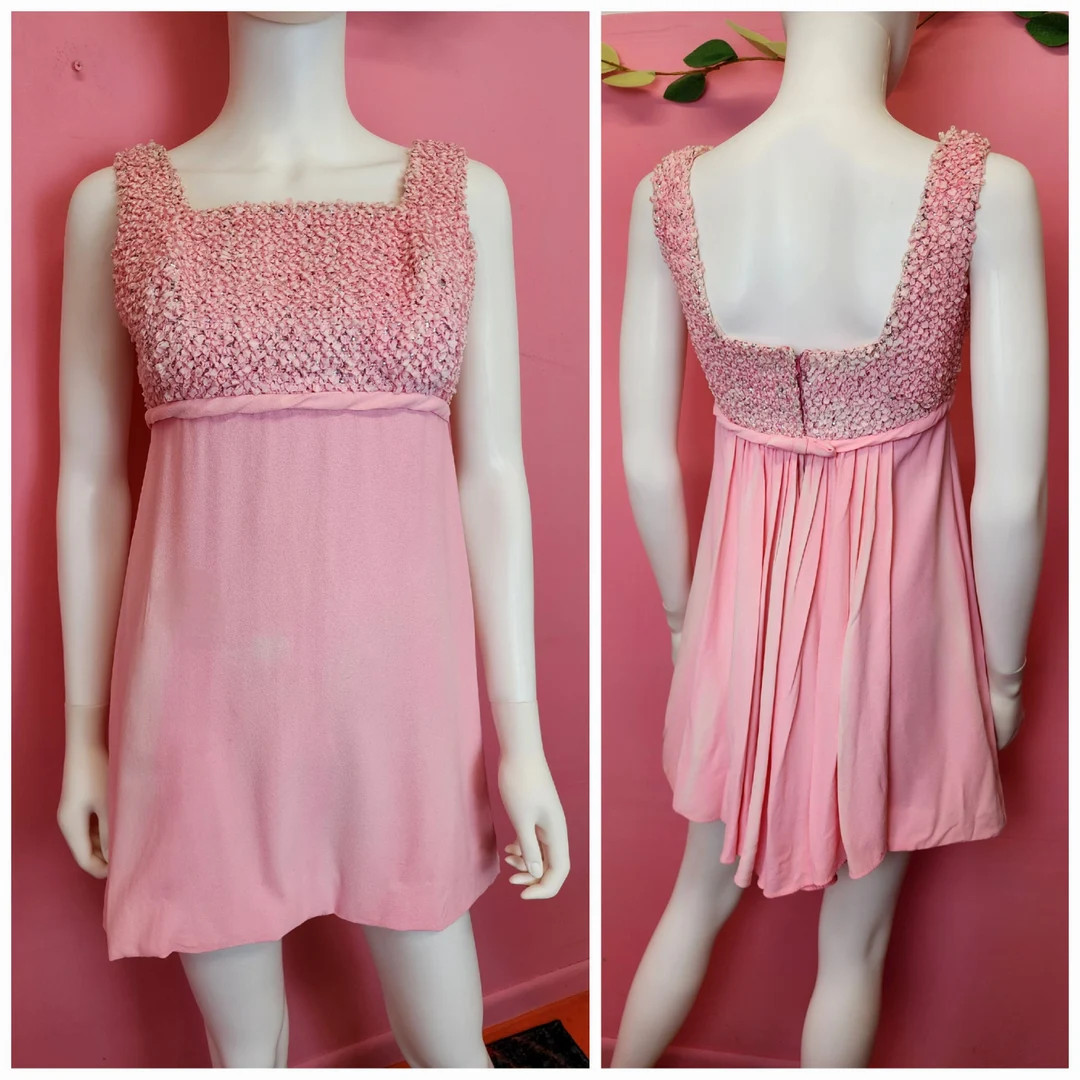 Size Small Vintage 1960's Bubblegum Pink Micro Mini Babydoll Dress With Textured Bodice and Bow -... | Etsy (US)