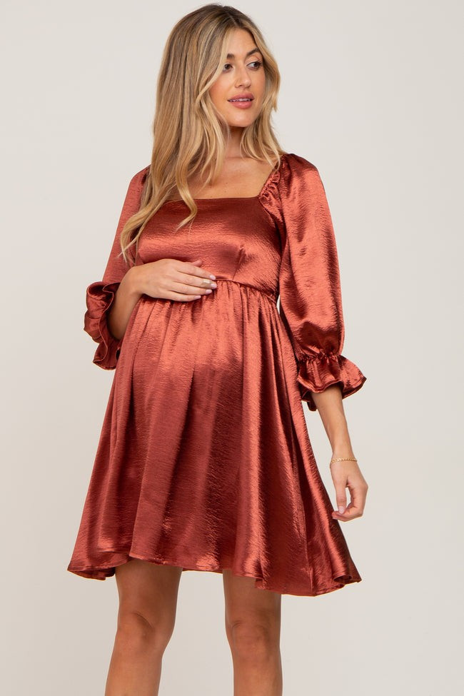 Rust Satin Square Neck Babydoll Maternity Mini Dress | PinkBlush Maternity