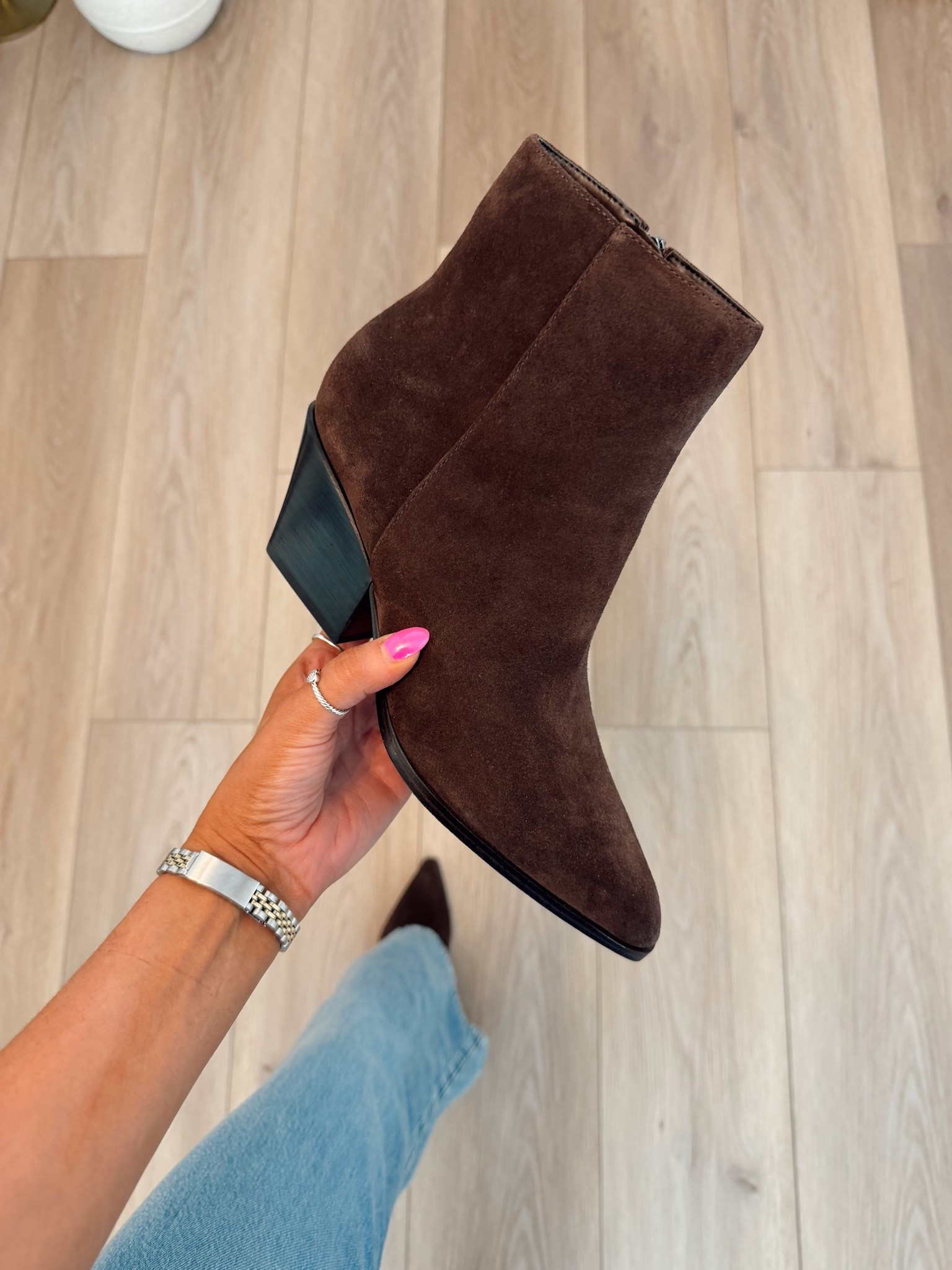 Brown suede booties fully stocked!