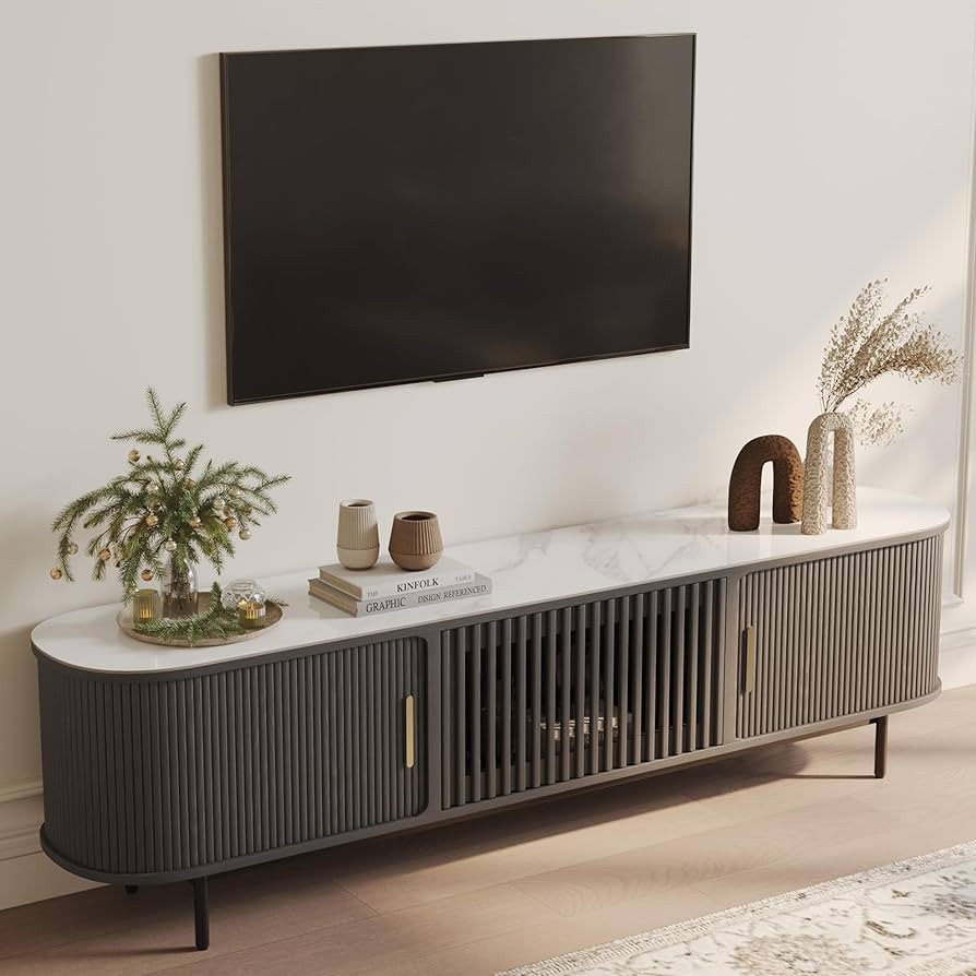 POVISON Sliding Tambour Door TV Stand, Mid Century Modern Sintered Stone TV Console, Wood Media C... | Amazon (US)