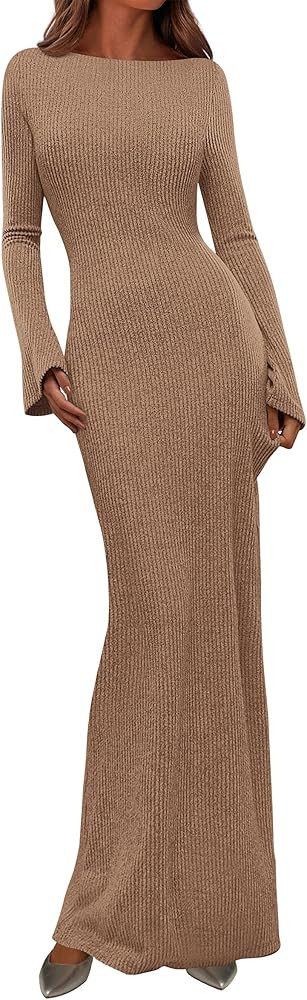 PRETTYGARDEN Women's Fall Fashion 2025 Long Sleeve Maxi Dress Ribbed Knit Boat Neck Bodycon Casua... | Amazon (US)