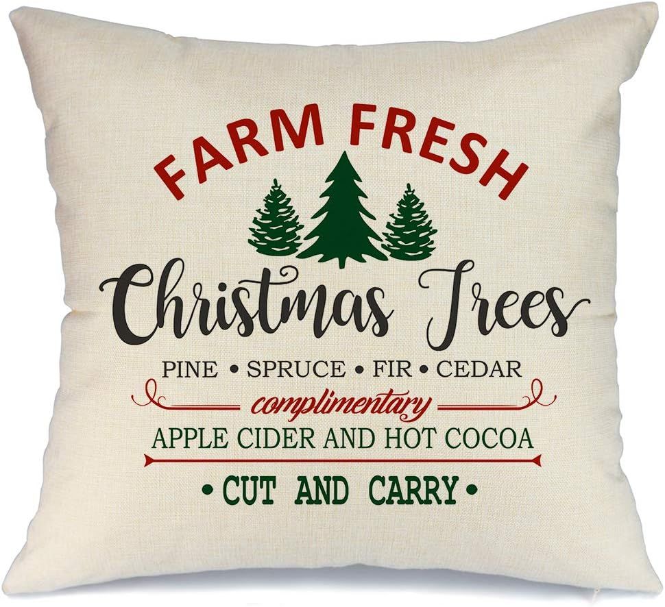 AENEY Farmhouse Christmas Pillow Cover 18x18 inch Farm Fresh Christmas Tree Throw Pillow for Chri... | Amazon (US)