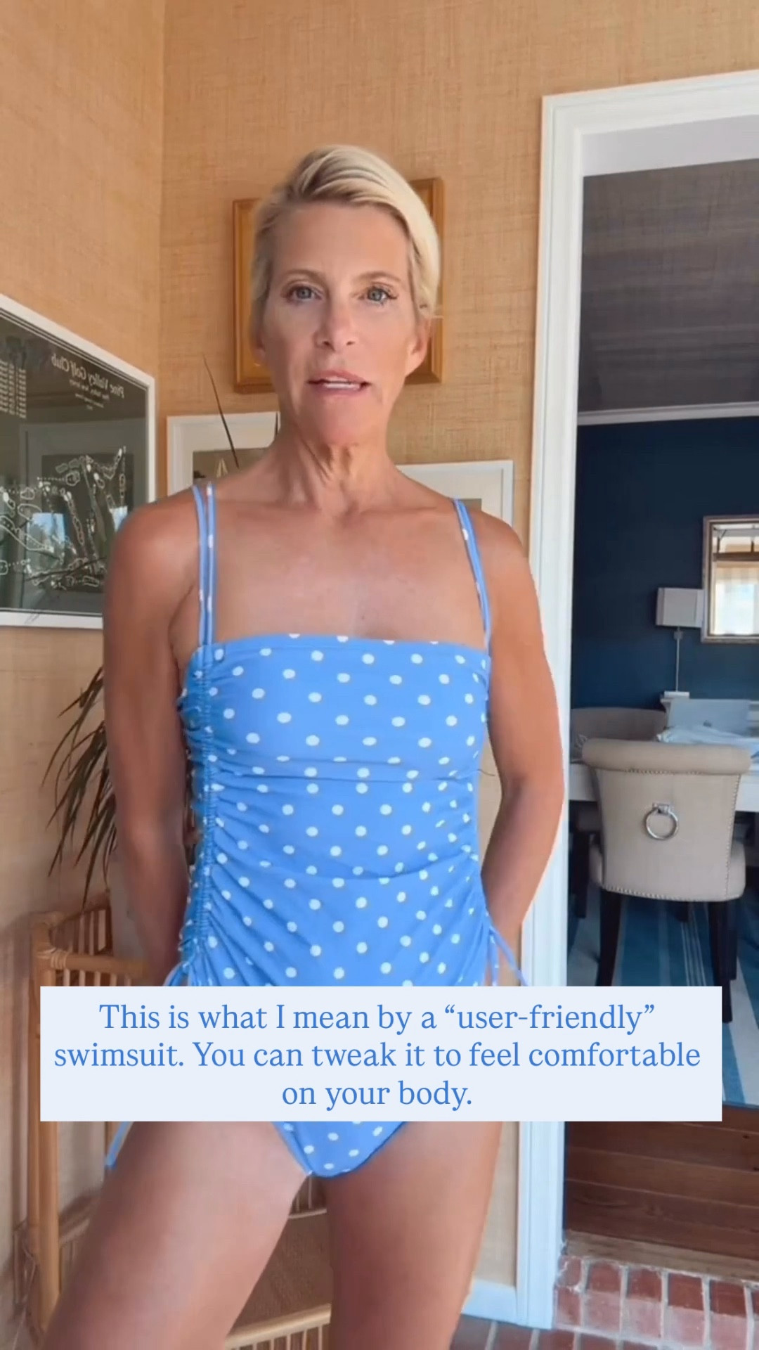 Adjustable one-piece swimsuit with polka dot print for a custom fit.