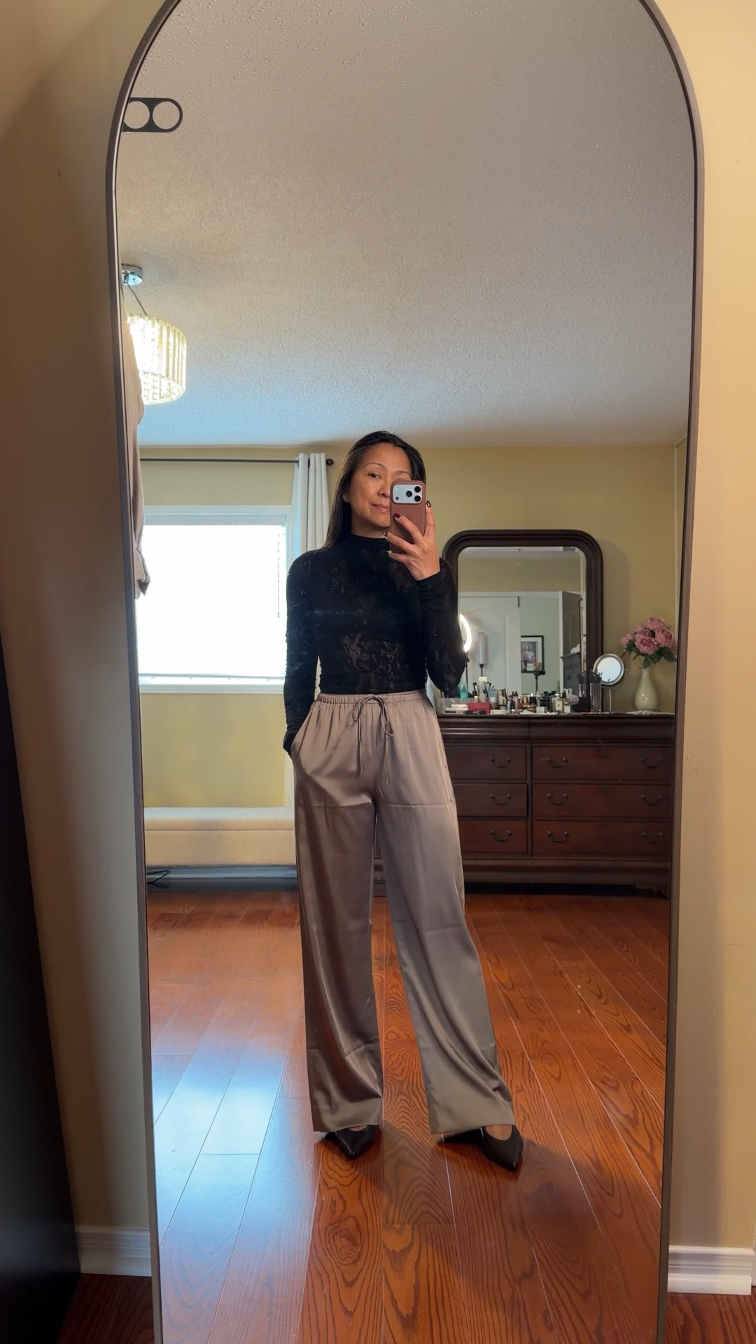 Mock neck lace top and satin pants

#LTKpartywear #LTKwinter #LTKpetite